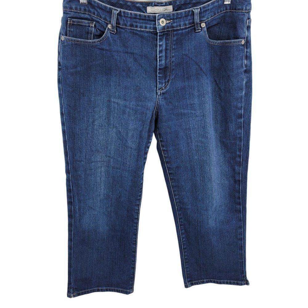 Chico's Platinum Grayson Crop Jeans XL Dark Wash Mid Rise Stretch Tapered Sz‎ 3